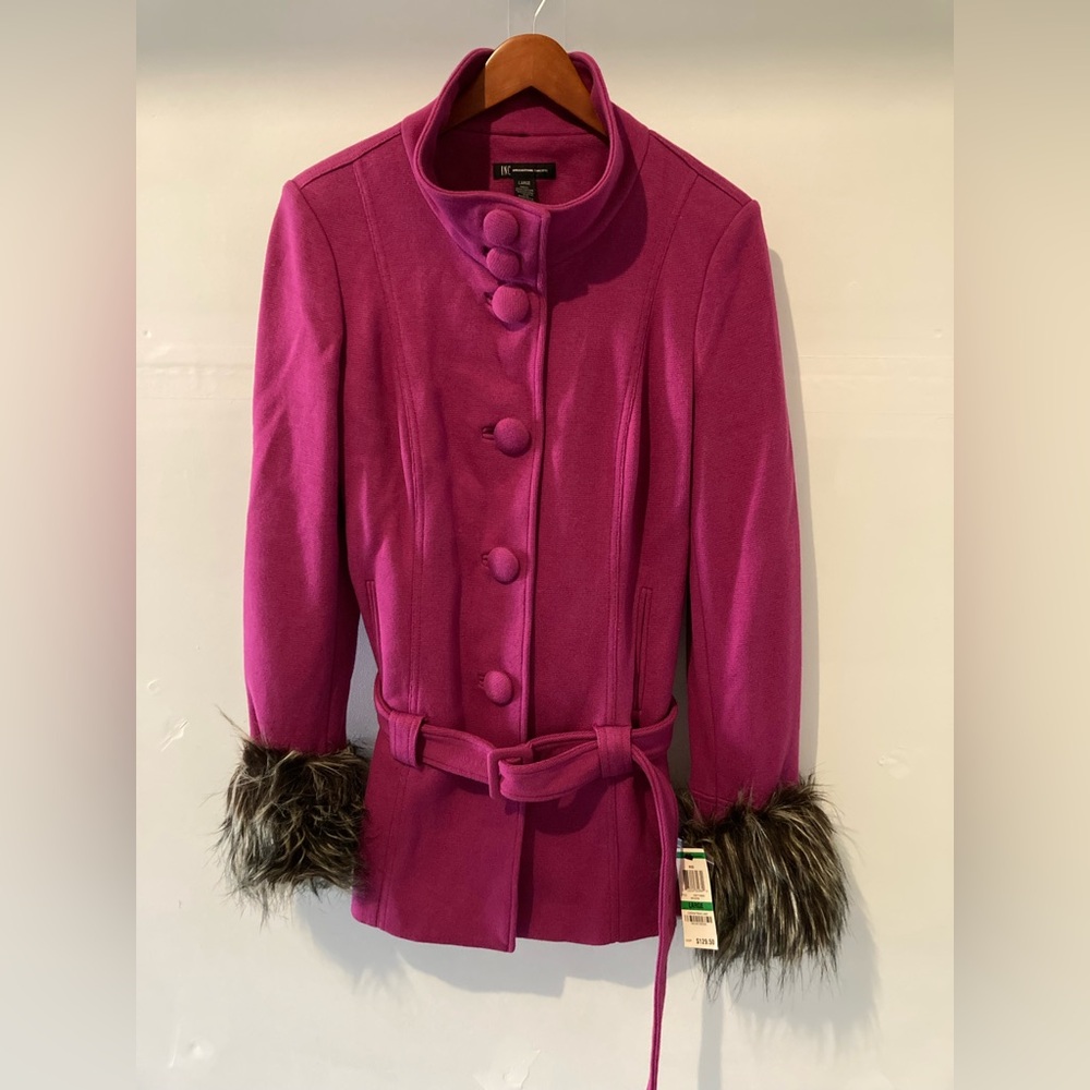 NWT!!  INC Fuchsia Jacket with detachable Faux Fur Cuffs and belt